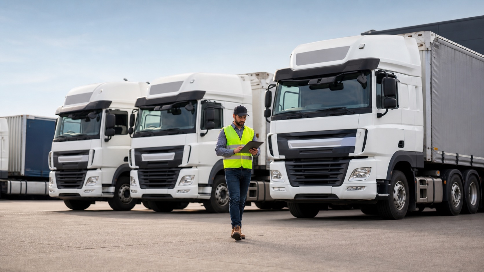 Fleet supervisor reviewing commercial trucks