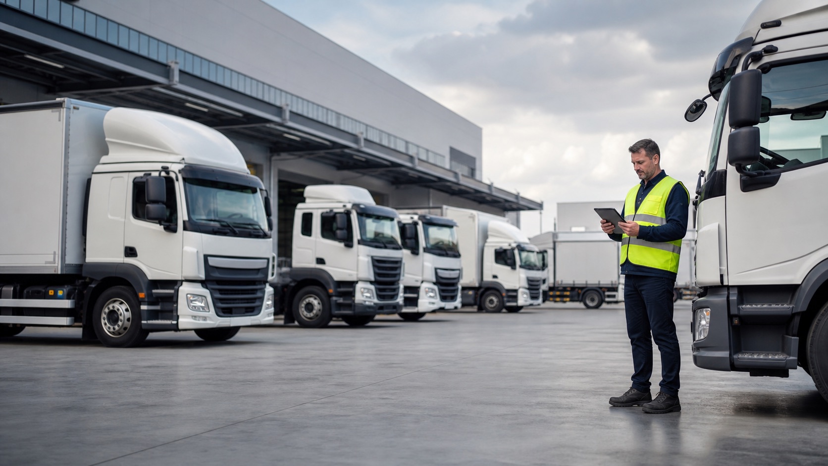 Fleet manager inspecting vehicles at a logistics depot