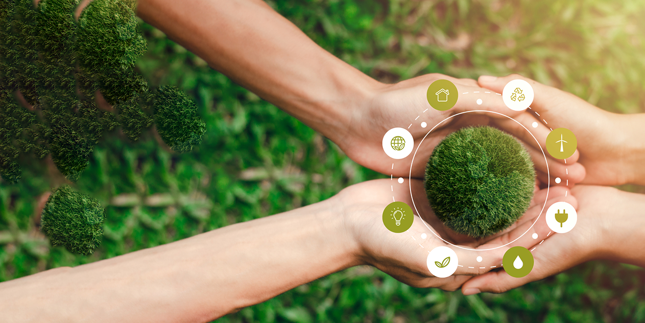 Hands holding a green sphere as a symbol of environmental sustainability