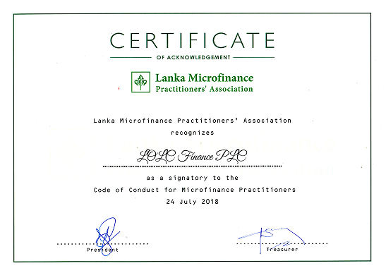 Certificate of Acknowledgement for LOLC Finance PLC